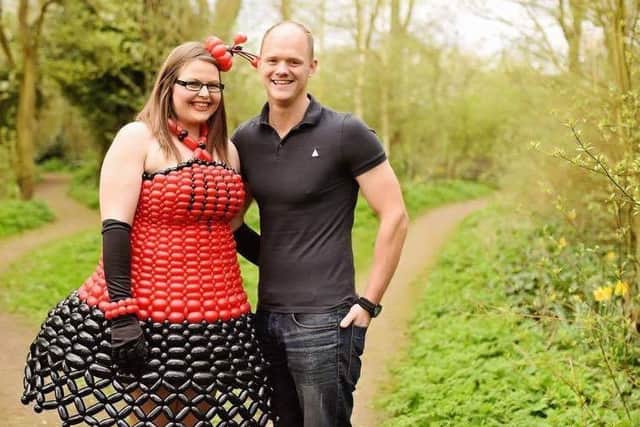Balloon artist Daniel Jefferson and his wife Mary dressed in one of Dans creations. Photo credit: Hollie Vasey, Tiny Feet Photography.