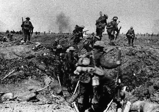 British soldiers go over the top during the Battle of the Somme
