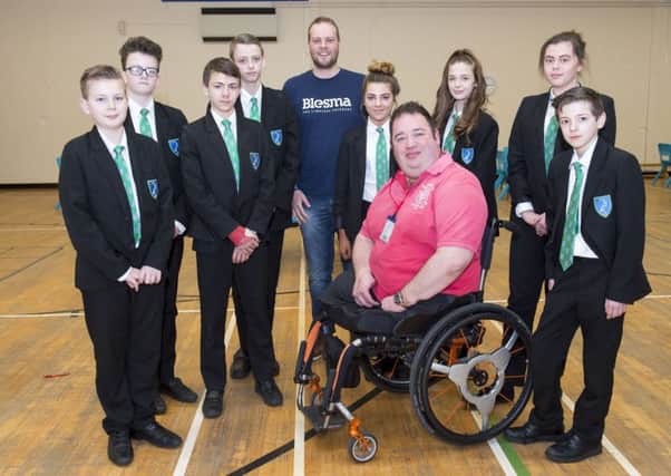 Visit by Ken Bellringer  and Owain (corr) Ford (back) of Blesma, the Limbless Veterans. They gave a talk to Year 8 students.