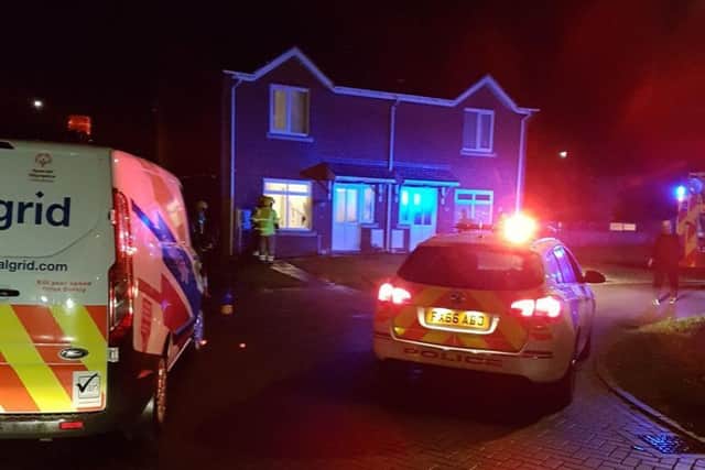 Police at the scene where a car was in collision with a property in Hickory Way, Mablethorpe. ANL-170417-070728001