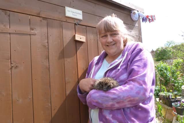 Laurie Fox outside the shed with Sweep (photo by Linda Oxley) EMN-170425-110232001