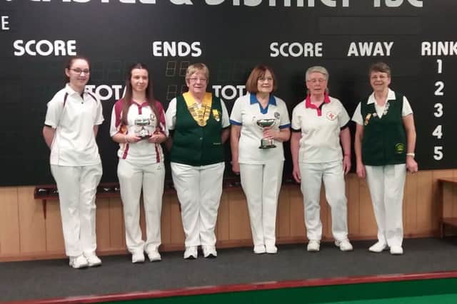 Pictured are the Under 25s Singles winner Chelsea Tomlin and runner-up Helen Holroyd, along with Singles winner Pat Thompson and runner-up Lin Mountain.