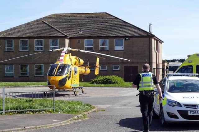 The Lincolnshire and Nottinghamshire Air Ambulance touched down in Mablethorpe this afternoon (Monday) to airlift an individual to hospital. Photo credit: Mablethorpe Photo Album.