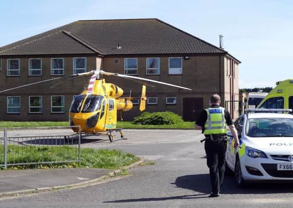 The Lincolnshire and Nottinghamshire Air Ambulance touched down in Mablethorpe this afternoon (Monday) to airlift an individual to hospital. Photo credit: Mablethorpe Photo Album.
