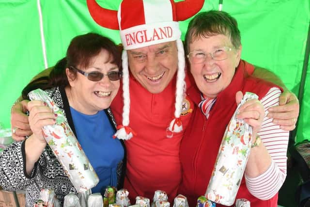 St George's Day Market in Sleaford Market Place. L-R Pat Bennett, Graham Atherton and Sue Atherton, RAF Regiment Association Lincolnshire Branch. EMN-170424-111156001