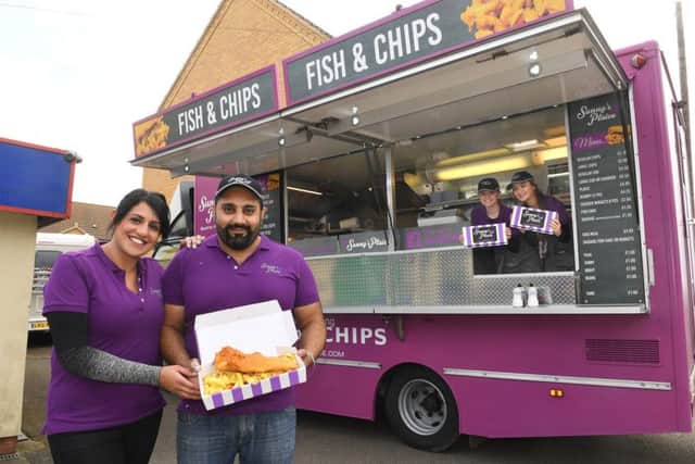 Sunny's Plaice mobile fish and chip van at Cranwell. L-R Owners Narinder and Sunny Singh with Rebecca Moody and Lisa Kellie. EMN-170424-100833001
