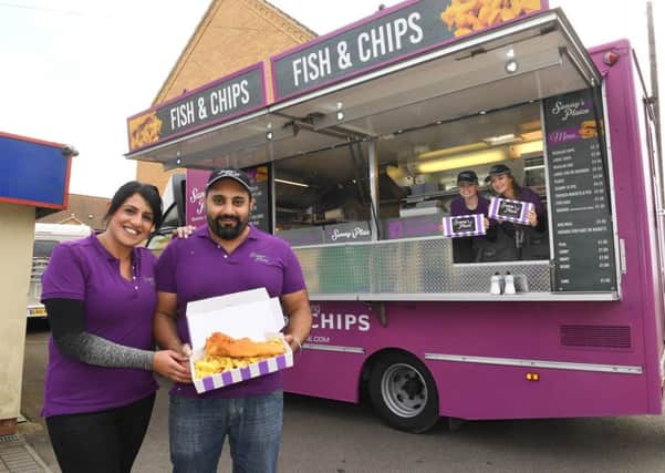 Sunny's Plaice mobile fish and chip van at Cranwell. L-R Owners Narinder and Sunny Singh with Rebecca Moody and Lisa Kellie. EMN-170424-100833001
