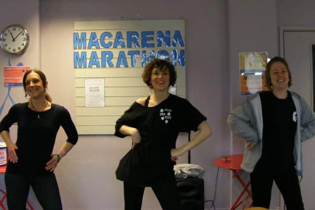 Hey Macarena! From left - Go Dance teachers Rachael Nel, Harriet Spence and Jade Mountain keep moving to the Macarena Marathon beat for charity. EMN-170421-140518001