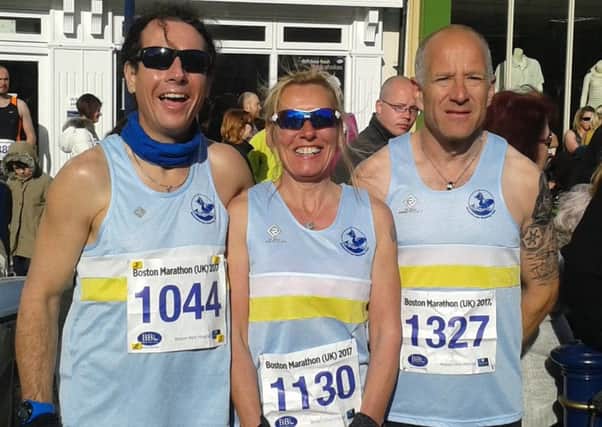 Mablethorpe Running Club trio, frm left, Roger Blake, Paula Downin and Mike Nelhams at the Boston Marathon (UK) EMN-170426-173637002