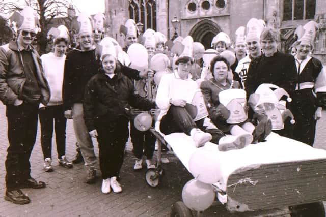 Can you name the characters in this charity bed push at St Denys' Church in Sleaford taken in 1992? EMN-170405-173755001