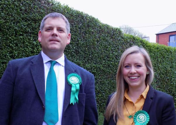 Green Party candidate for Sleaford and North Hykeham Fiona McKenna with Ben Loryman who will be standing for the Greens in Lincoln. EMN-170405-091350001