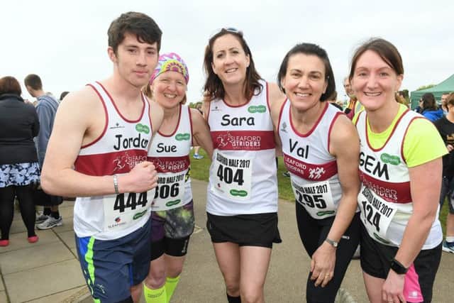 Sleaford Half Marathon at Sleaford Town FC ground. L-R Jordon Williams, Sue Patrick, Sara Tones, Val Oliver, Gemma Dodsworth. EMN-170805-150211001