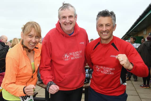 Sleaford Half Marathon at Sleaford Town FC ground. L-R Tracy Parr, Alistair Whitaker, Simon Lunn. EMN-170805-150134001