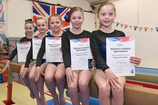 Sleaford Gymnastics Club members with Regional Grades certificates. L-R Rebecca Fletcher 10, Kennedy Shelley 12, Mollie Wilson 10, Abigail Jones 10, Gabrielle Greig 10.