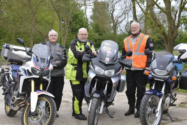 Three motorcycling friends are off to Europe's most northerly point, Nord Kapp in Norway. From left, Michael Dawson, Mike Cowling and Sherwood Barker Grimshaw. pic mike cowling may 3 2017 EMN-170518-120549001