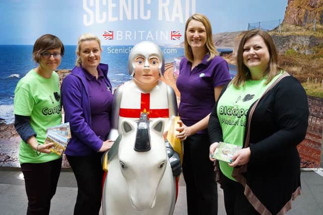 From left, Jools Townsend (ACoRP), Hayley Blood (Lincolnshire County Council), Kay Robinson (Poacher Line Community Rail Partnership) and Alice Mannion (ACoRP), are joined by one of the Lincoln knights for the launch of the Scenic Rail Britain Campaign.