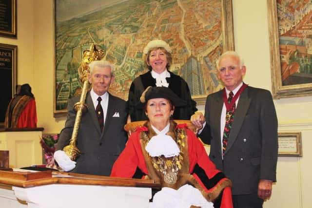The Mayor of Louth, Coun Pauline Watson, with her husband Stuart (right), Mayor's Serjeant Glenn Darnell, and Town Clerk Linda Blankley.