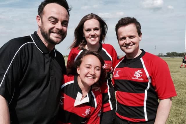 ITV duo Ant and Dec with superfan Rebecca Grice (front) and best friend Katie Holmes (back). Photo: Rebecca Grice. 4bQZ6VnIUOvHSGc2kynG