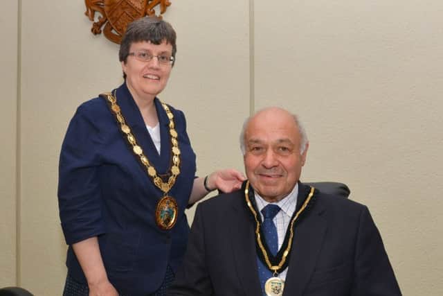 The new chairman of North Kesteven District Council Coun Sally Tarry with vice-chairman Coun Geoff Hazelwood. Photo: Mick Fox (supplied).