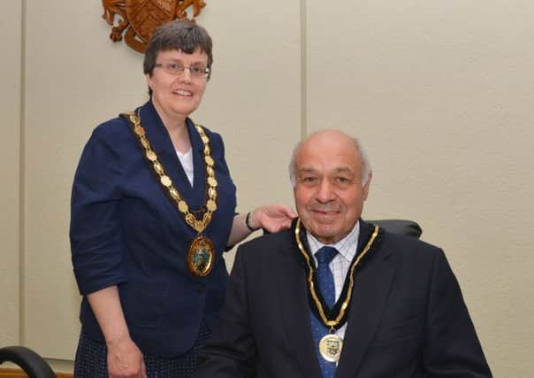 The new chairman of North Kesteven District Council Coun Sally Tarry with vice-chairman Coun Geoff Hazelwood. Photo: Mick Fox (supplied).