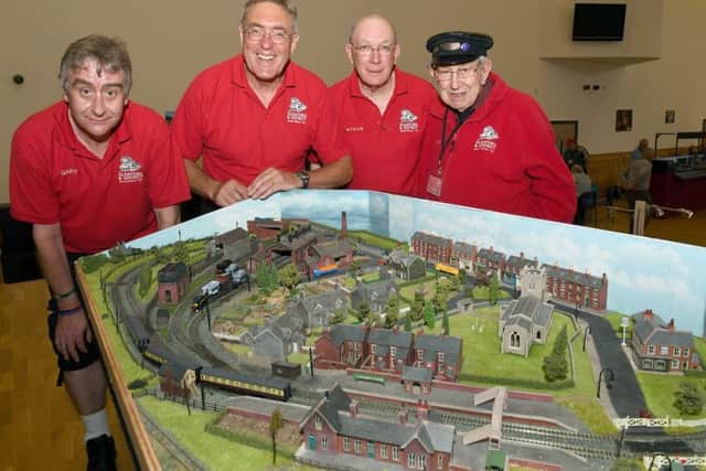 Second Sleaford and District model railway club exhibition. Club members L-R Gary Burford, Mark Bamford, Steve Webber, Ron Ransom. EMN-170506-114438001