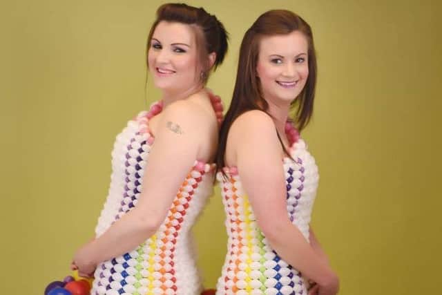 Louth couple Lucy Lewis (38) and Lucy Liles (33) modelled the colourful pride themed balloon dresses. Photo credit: Tiny Feet Photography by Hollie.
