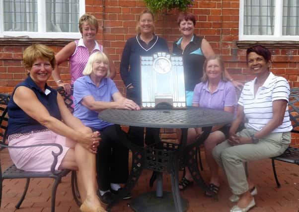 Dorothy Marshall Shield winners, from left, front - Jo Herring, Sue Letby, Bridget Hardaway, Noreen Bradford; back - Lincolnshire ladies county captain Birdie Dawson, ladies county chairman Tracey Stobart and Kenwick's lady captain Andrea Smaggasgale EMN-170206-130615002