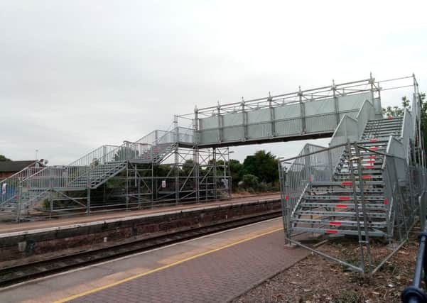 The temporary scaffold footbridge assembled at Sleaford rialway station. EMN-170627-095423001