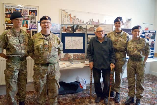 Harry Minns with cadets Ernest Ramsay, Cpl Christopher Myburgh, LCpl Isobella Keyworth and Elli Mutton EMN-170628-075014001