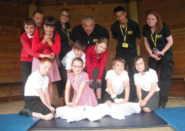 Pupils practicing their CPR technique on model dummies, joined by LIVES representatives. EMN-170707-145946001