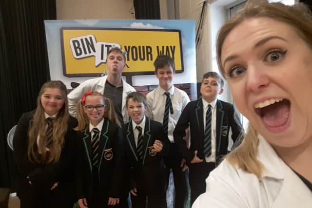 Students of Caistor Yarborough Academy with the Bin It! team EMN-170716-222235001