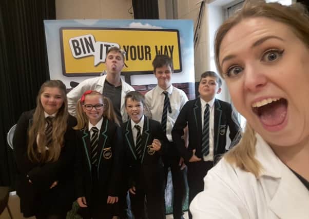 Students of Caistor Yarborough Academy with the Bin It! team EMN-170716-222235001