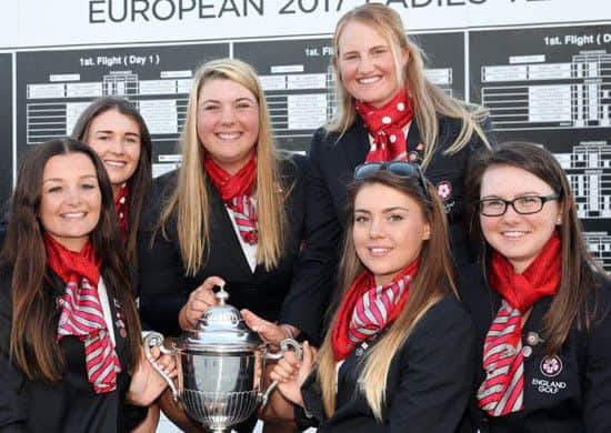 The winning England women's team, from left, Sophie Lamb, Rochelle Morris, Alice Hewson, India Clyburn, Gemma Clews and Lianna Bailey.