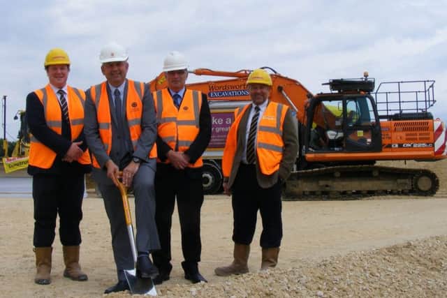 Starting off construction on the new waste collection depot at Metheringham. From left - Freddie Chambers of Lindum Construction, Coun Richard Wright - Leader of NKDC, NKDC chief executive Ian Fytche and Lindum MD Simon Gregory. EMN-170713-172248001