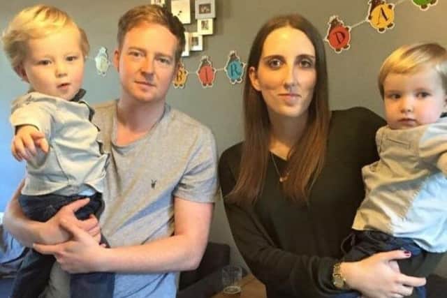 James (left) and Joshua O'Connor with dad Carl and mum Chantelle on their second birthday. EMN-170731-145613001