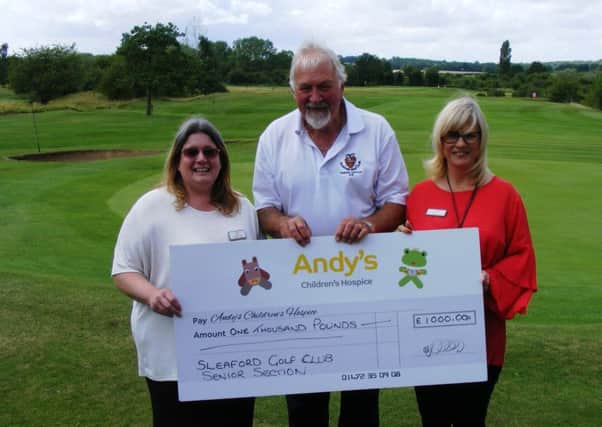 Sleaford Golf Club's 2016 Seniors Captain Clive Boyfield with St Andrew's Children's Hospice Sleaford charity shop manager Deborah Homer (left) and hospice representative Alison Lark (right). EMN-170728-161856001