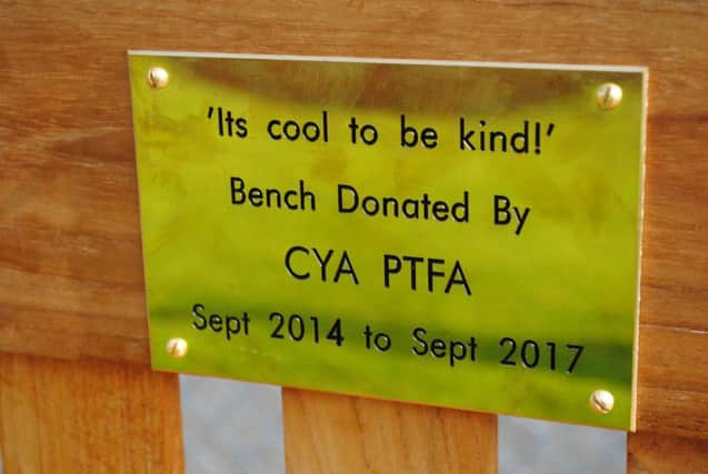 Plaque on the bench at Caistor Yarborough Academy EMN-170728-123445001
