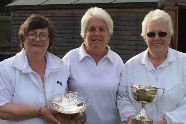 Pictured are Tricia Scholey, Mary Johnson and Olive wells with the Bonner Cup and Thornally Trophy.