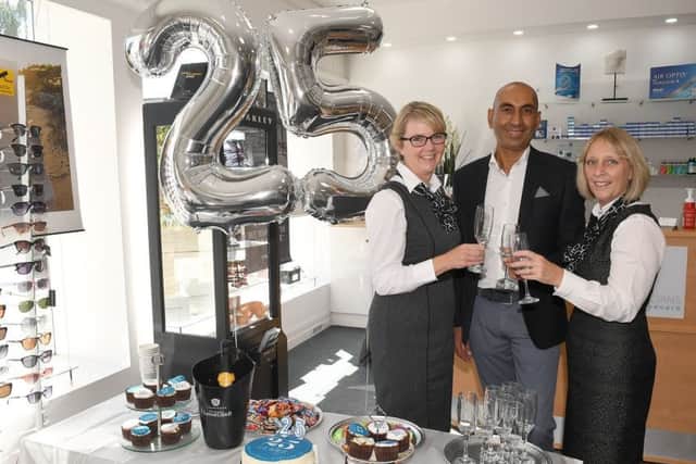Lunettes Opticians, Sleaford, celebrating 25th anniversary. L-R Louise McCarrick, Tushar Majithia - owner, Janet Ratcliffe. EMN-170208-105120001