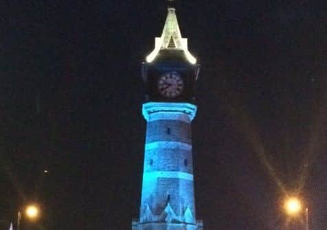 Skegness Clock Tower lit up as part of the illuminations. ANL-170808-090614001