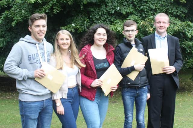 Students at Queen Elizabeths Grammar School celebrating their A-Level results.  Pictured is: Jess Marshall, Georgia Wimsey, Ashleigh Ponder, Miles Davies and Timothy Powell.