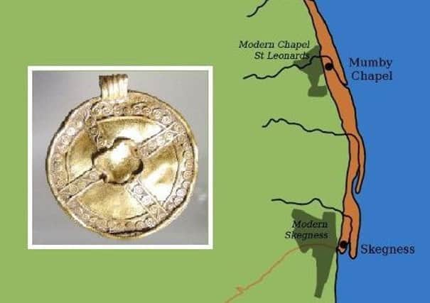 Dr Caitlin Green's map of the Skegness area coastline as it would have looked in medieval times - before the old town of Skegness was swallowed by the sea. Inset: A gold Early Anglo-Saxon pendant recently unearthed in the resort..