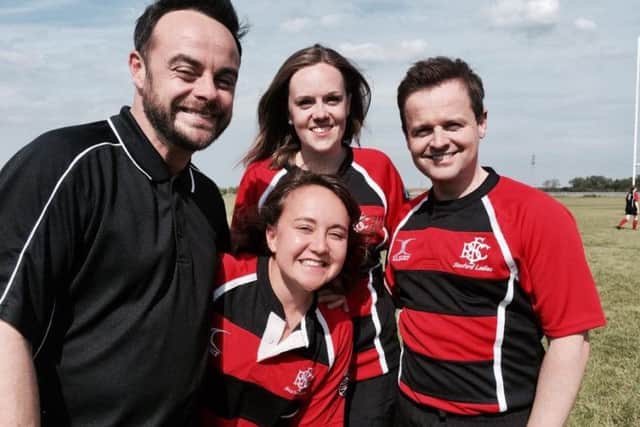 Ant and Dec with with superfan Rebecca Grice (front) and best friend Katie Holmes (back). Photo Shaun Parkes. EMN-170919-130151001