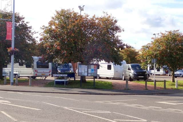 A number of traveller vehicles are currently occupying the car park in Station Road. Photo: Trevor Bradford.
