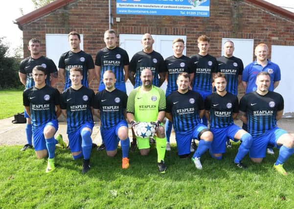 Wrangle Football Club receive new kit form sponsor, Staples. Front L-R Stefan Balev, Joe Pitcher, Alex Toma, Danny Redford - manager, Nathan Hill, Bobby Smith, Daley Richardson. Back L-R Jonboy Rutherford, Jack Hill, Ben Jaques, Troy Ayton, Adam Coulam, Joe Lote, Sean Saunders, Steven Fulcher - assistant manager.
