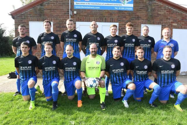 Wrangle Football Club receive new kit form sponsor, Staples. Front L-R Stefan Balev, Joe Pitcher, Alex Toma, Danny Redford - manager, Nathan Hill, Bobby Smith, Daley Richardson. Back L-R Jonboy Rutherford, Jack Hill, Ben Jaques, Troy Ayton, Adam Coulam, Joe Lote, Sean Saunders, Steven Fulcher - assistant manager.