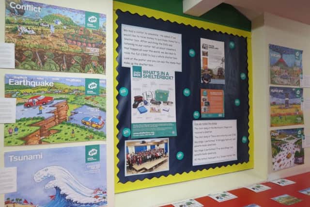 Rotarians regularly speak to schools about the scheme. This display was created by Middle Rasen Primary School to support the work done by ShelterBox
