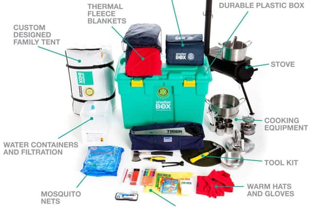 Each box provides living accomodation and essentials for a family of 10