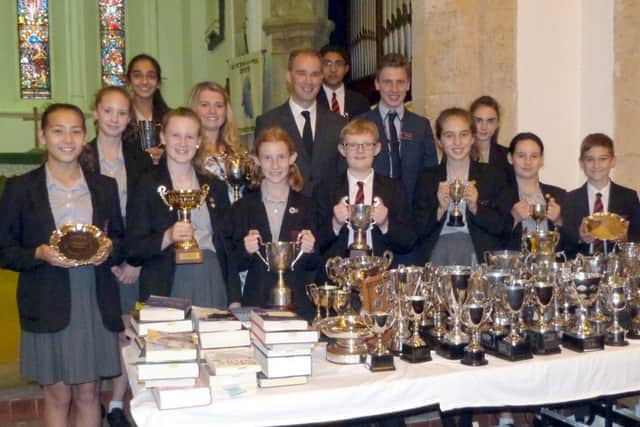 Headteacher Alastair Hopkins with year eight to year 13 prize winners. (Photo by Linda Oxley) EMN-170210-100629001