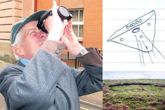 Brinkhill's repeat UFO witness Eric Goring, with a picture he drew of one of the triangular 'spaceships' he claimed to have seen, and his photo of a circular depression in a nearby field.